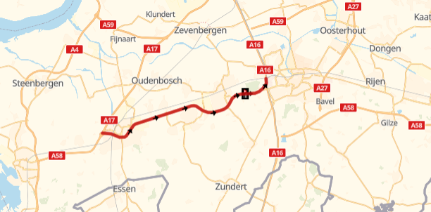 Van vrijdag 25 juli tot en met zondag 3 augustus 2025 is de A58 tussen knooppunt De Stok (bij Roosendaal) en knooppunt Princeville (bij Breda) tijdelijk dicht. Rijkswaterstaat voert in deze periode groot onderhoud uit.